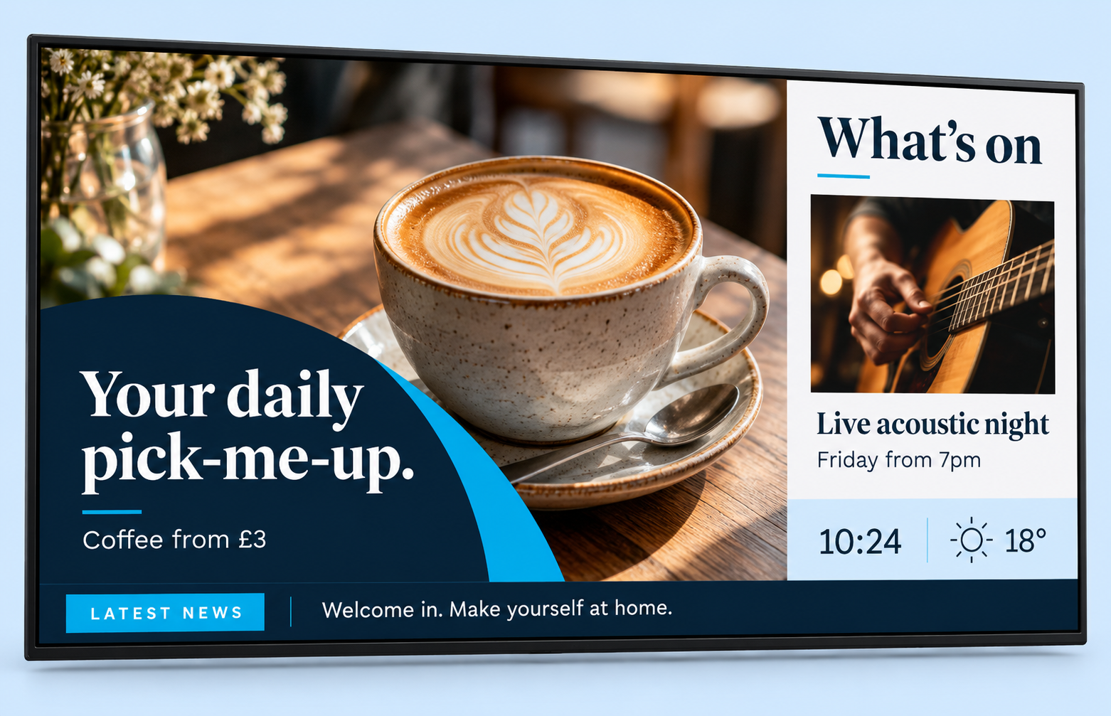 Digital signage display showing a coffee promotion, events, time, weather and announcements